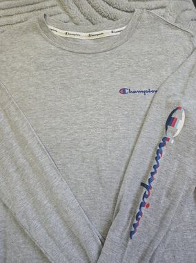 Champion Women's Gray Script Logo Tee with Red & Blue Accents Size Med